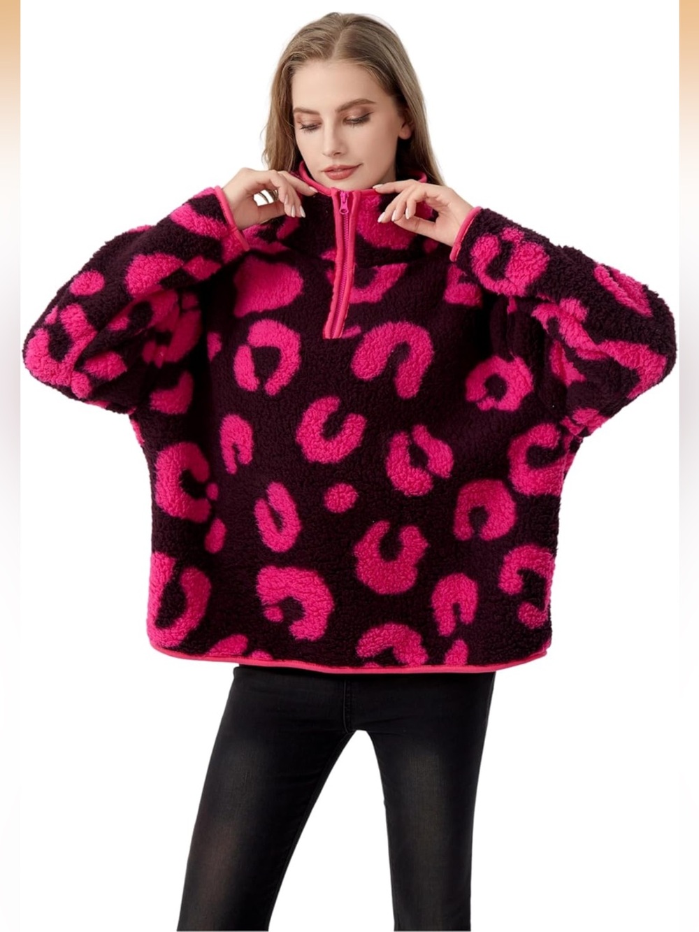 Women's Pink & Black Leopard Teddy Jacket - Cozy Zip Pullover